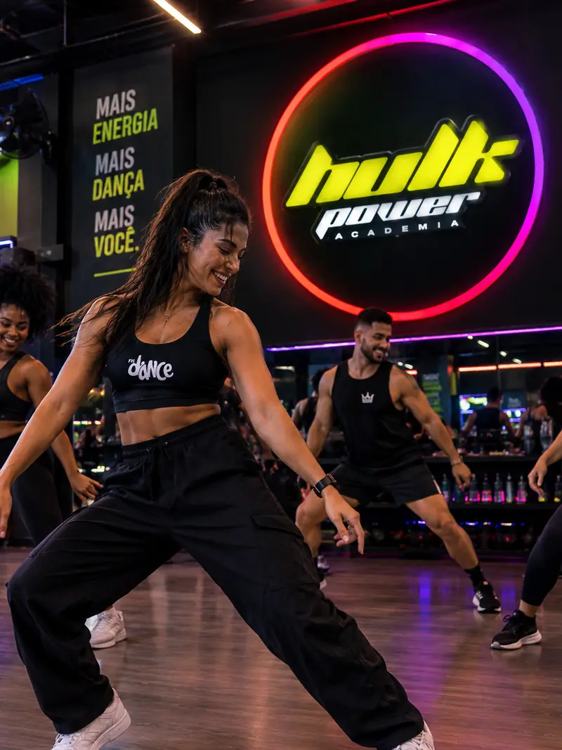 Aluna sorrindo durante aula de fitdance em grupo